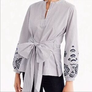 J. Crew Striped Embroidered Tie Front Blouse Top Size small